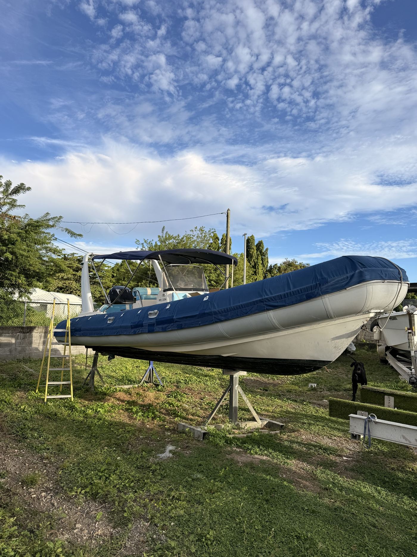 Le semi-rigide Valiant V-750 de Go Bato, vu de profil sous un ciel bleu