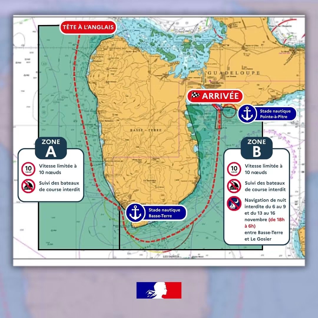 Carte des zones A et B autour de la Basse-Terre : vitesse limitée à 10 nœuds, suivi des bateaux de course interdit, navigation de nuit interdite en zone B du 6 au 9 et du 13 au 16 novembre de 18 h à 6 h, stades nautiques de Basse-Terre et Pointe-à-Pitre